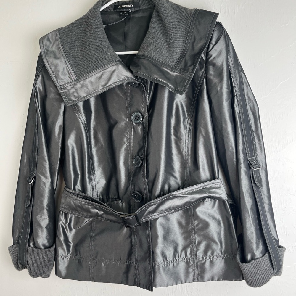 Ellen Tracy Shimmering Gray Trench Coat Jacket Size 12 Silk Blazer